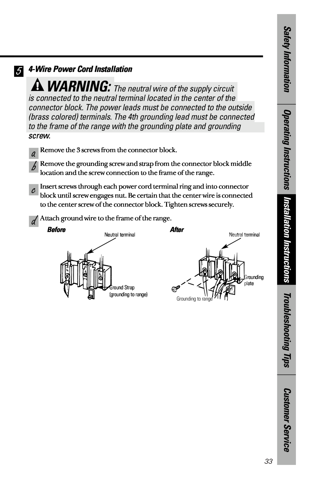 GE 164D3333P172 owner manual 5 4-WirePower Cord Installation 