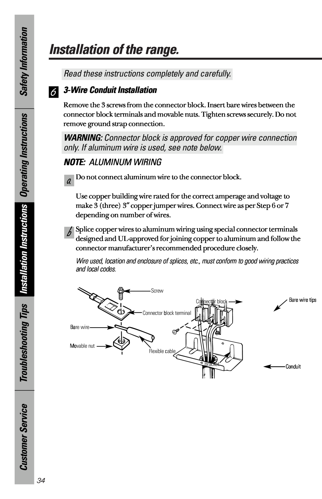 GE 164D3333P172 owner manual 6 3-WireConduit Installation, Note Aluminum Wiring, Installation of the range, and local codes 