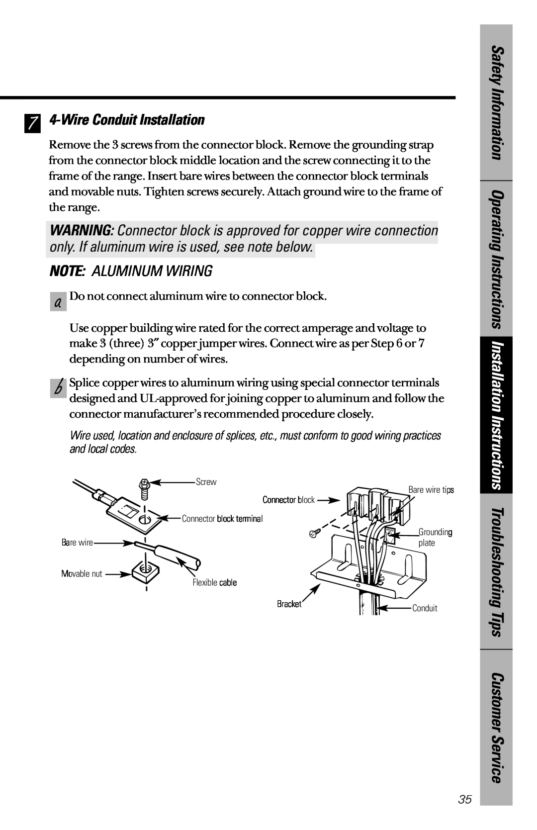 GE 164D3333P172 owner manual 7 4-WireConduit Installation, Note Aluminum Wiring, and local codes 