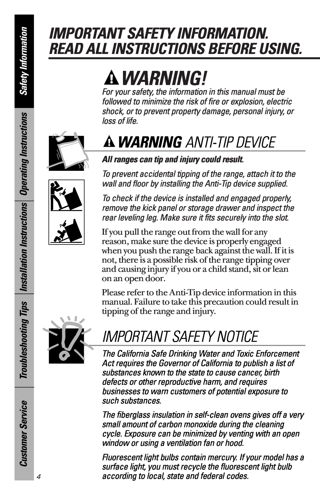 GE 164D3333P172 owner manual Warning Anti-Tipdevice, Important Safety Notice, All ranges can tip and injury could result 
