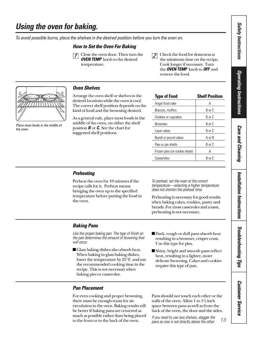 GE 164D3333P185-1 Using the oven for baking, How to Set the Oven For Baking, Instructions Care and Cleaning Preheating 