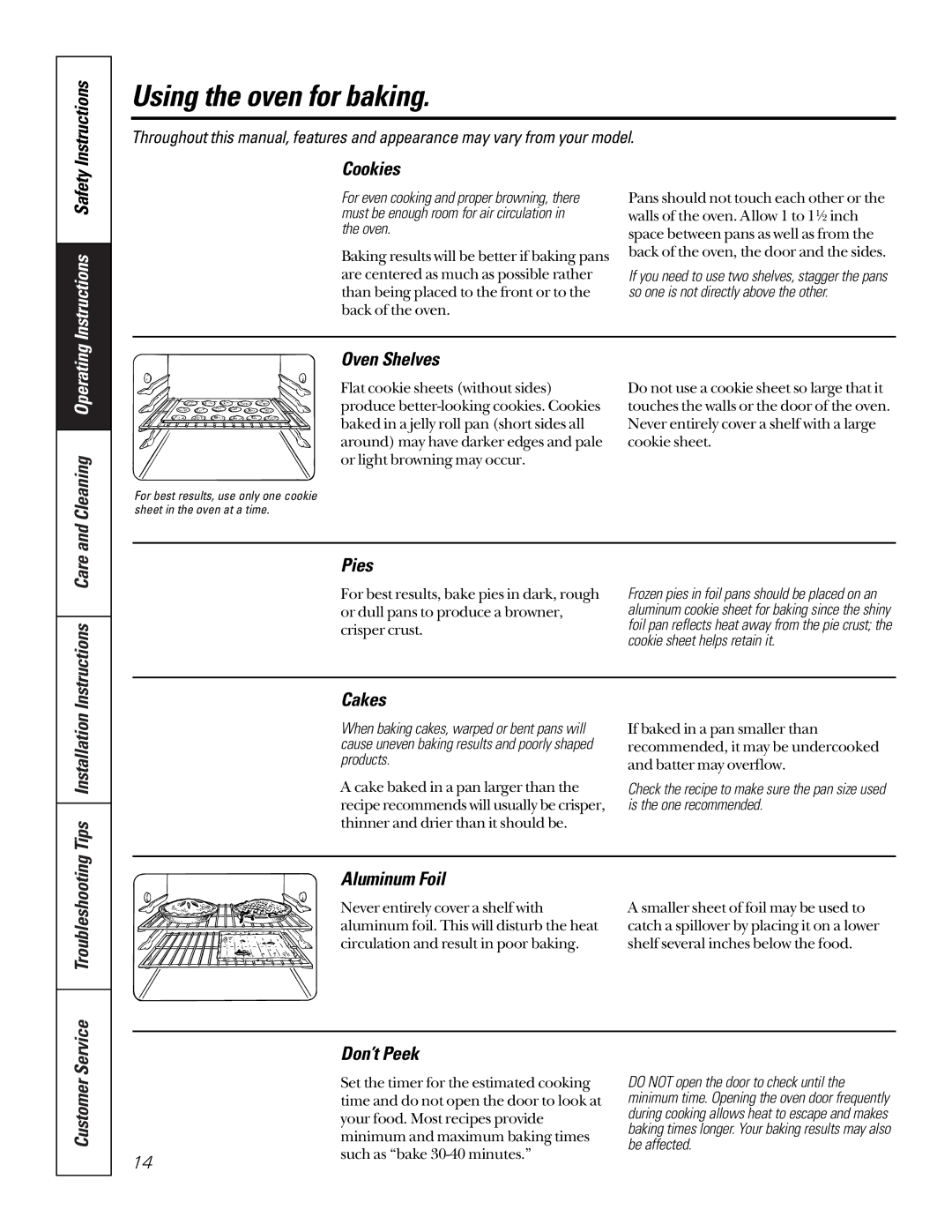 GE 164D3333P185-1 owner manual Cookies, Cleaning Operating Oven Shelves, Pies, Tips Installation Cakes, Aluminum Foil 