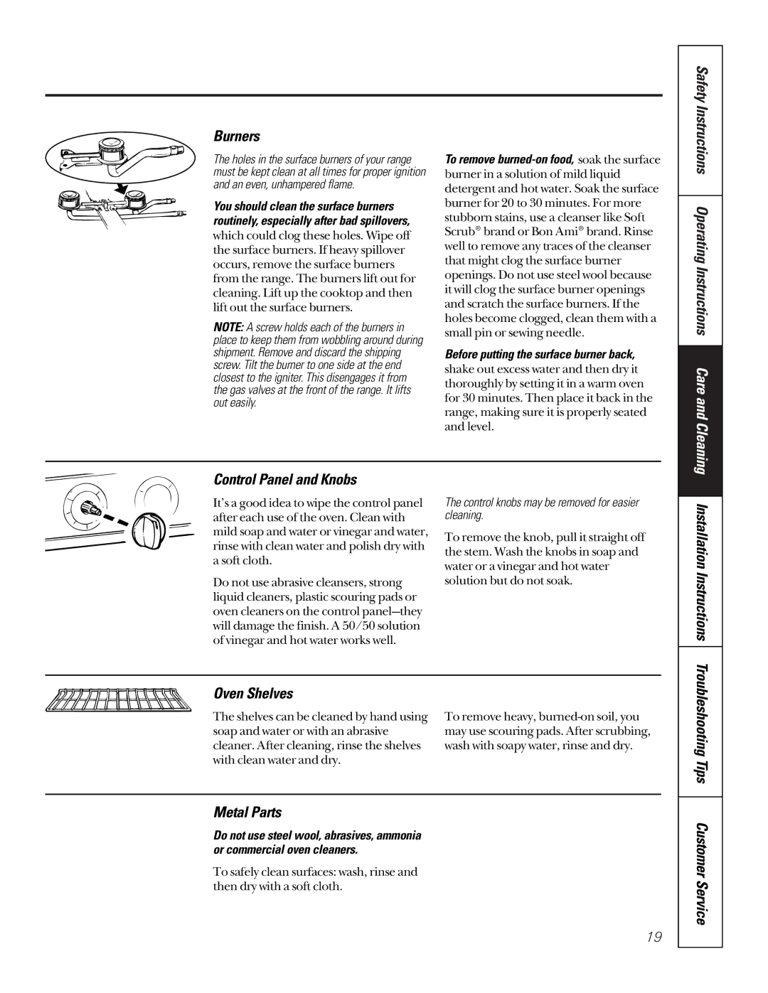 GE 164D3333P185-1 owner manual Burners, Control Panel and Knobs, Installation Instructions Oven Shelves, Metal Parts 