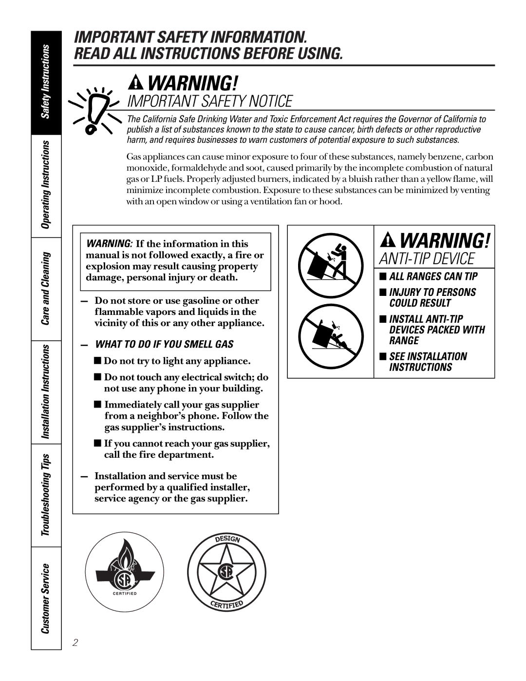 GE 164D3333P185-1 owner manual Operating Instructions Safety Instructions, Customer Service 