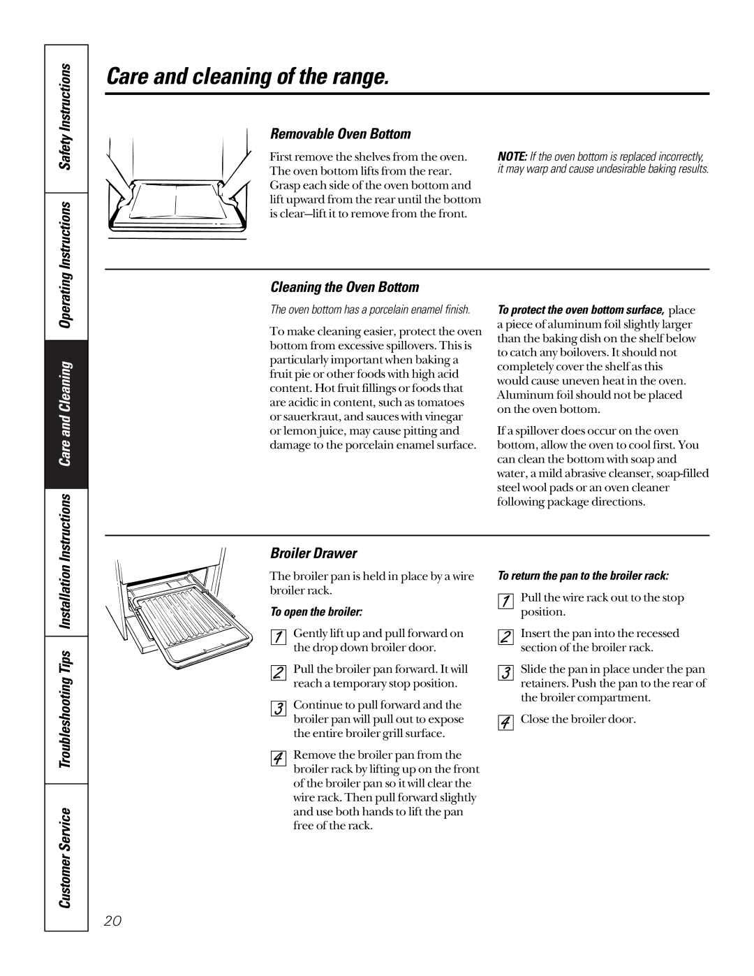 GE 164D3333P185-1 owner manual Instructions Safety Removable Oven Bottom, Cleaning the Oven Bottom, To open the broiler 