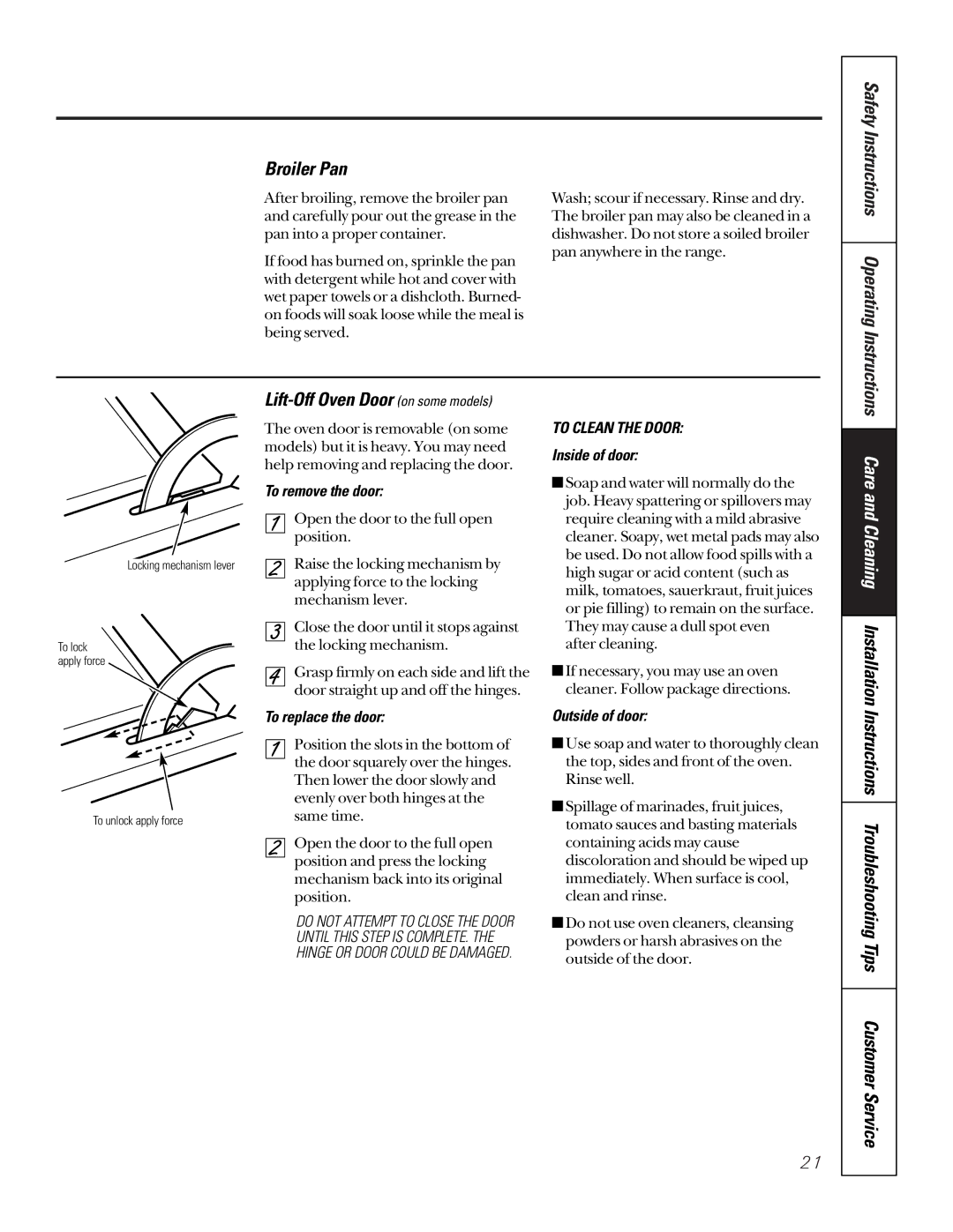 GE 164D3333P185-1 owner manual Broiler Pan, Lift-Off Oven Door on some models 