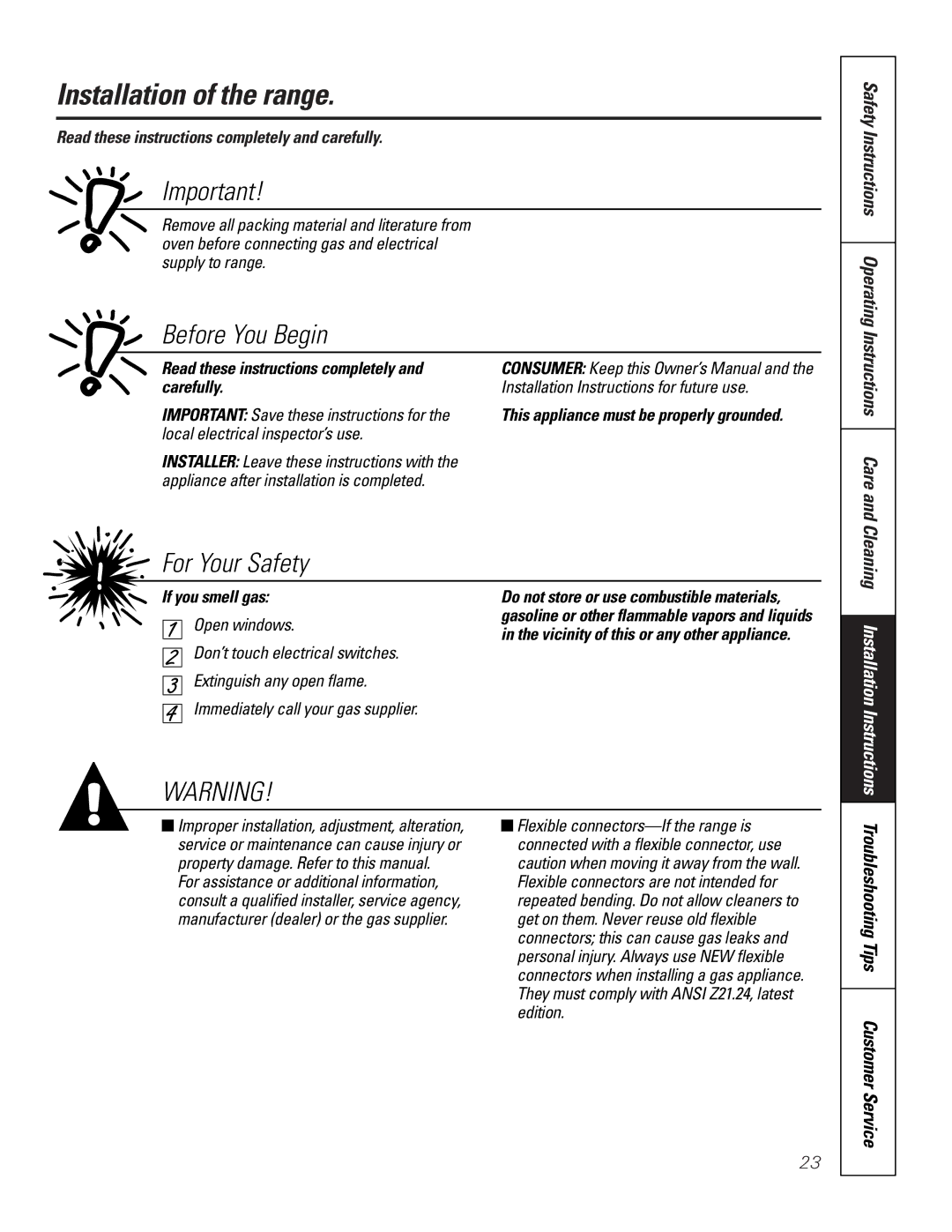 GE 164D3333P185-1 owner manual Installation of the range, Before You Begin, For Your Safety 