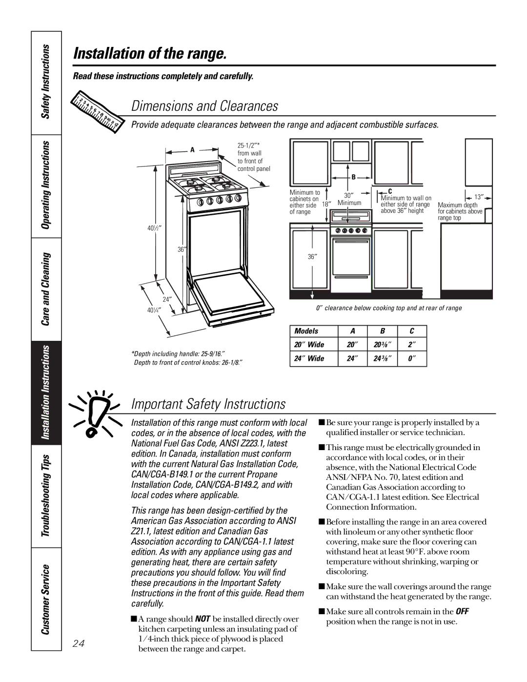 GE 164D3333P185-1 owner manual Dimensions and Clearances, Important Safety Instructions, Cleaning Operating Instructions 