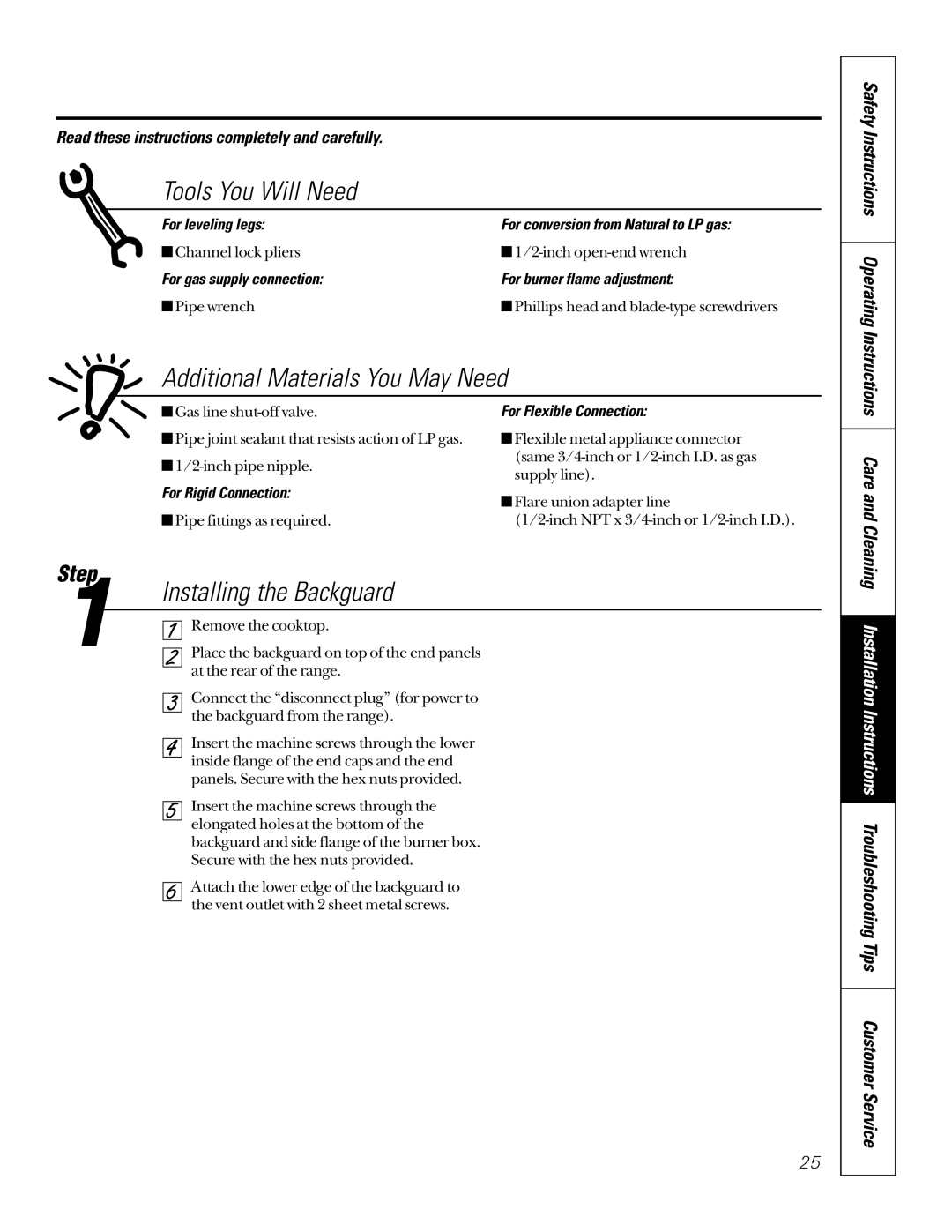 GE 164D3333P185-1 owner manual Tools You Will Need, Additional Materials You May Need, Installing the Backguard 