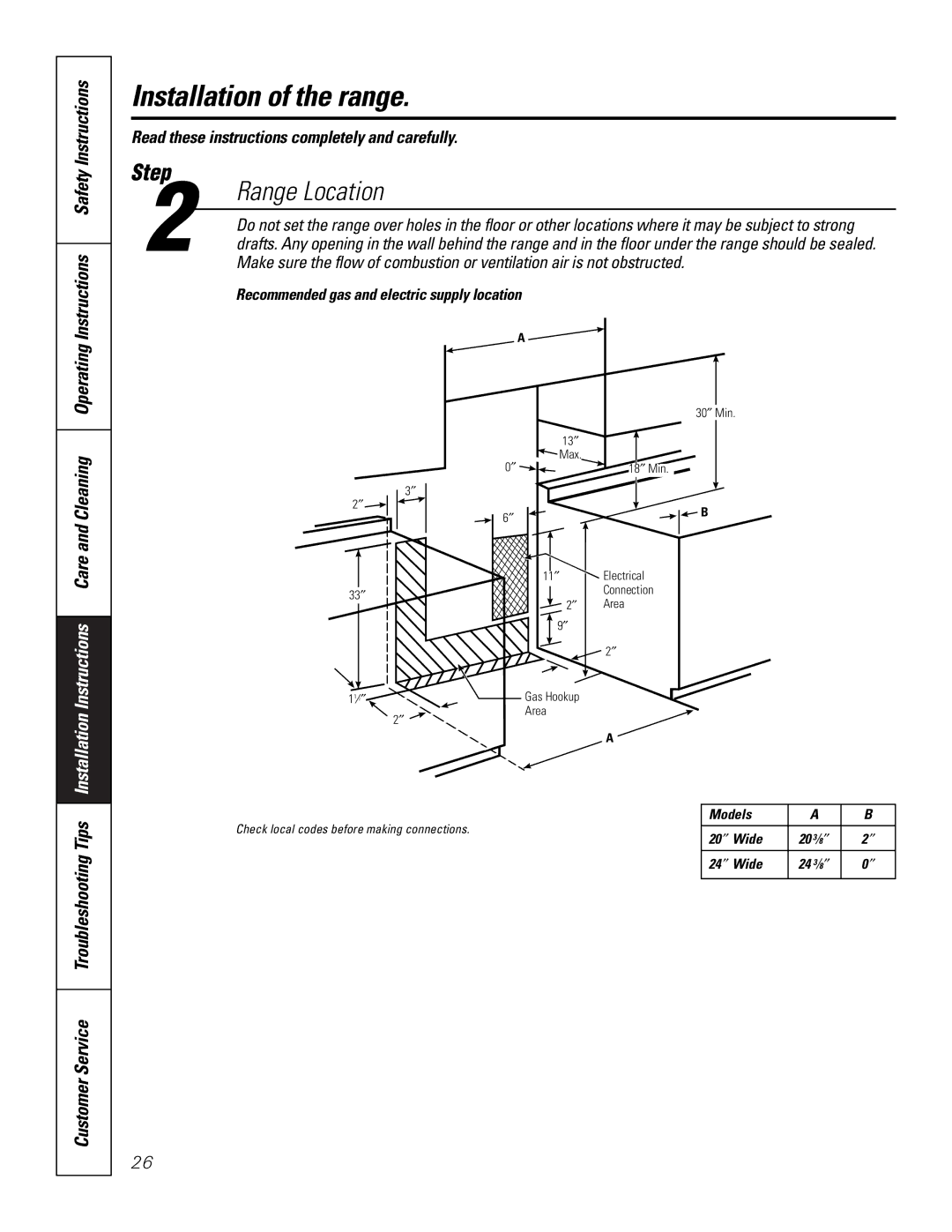 GE 164D3333P185-1 owner manual Range Location, Recommended gas and electric supply location 