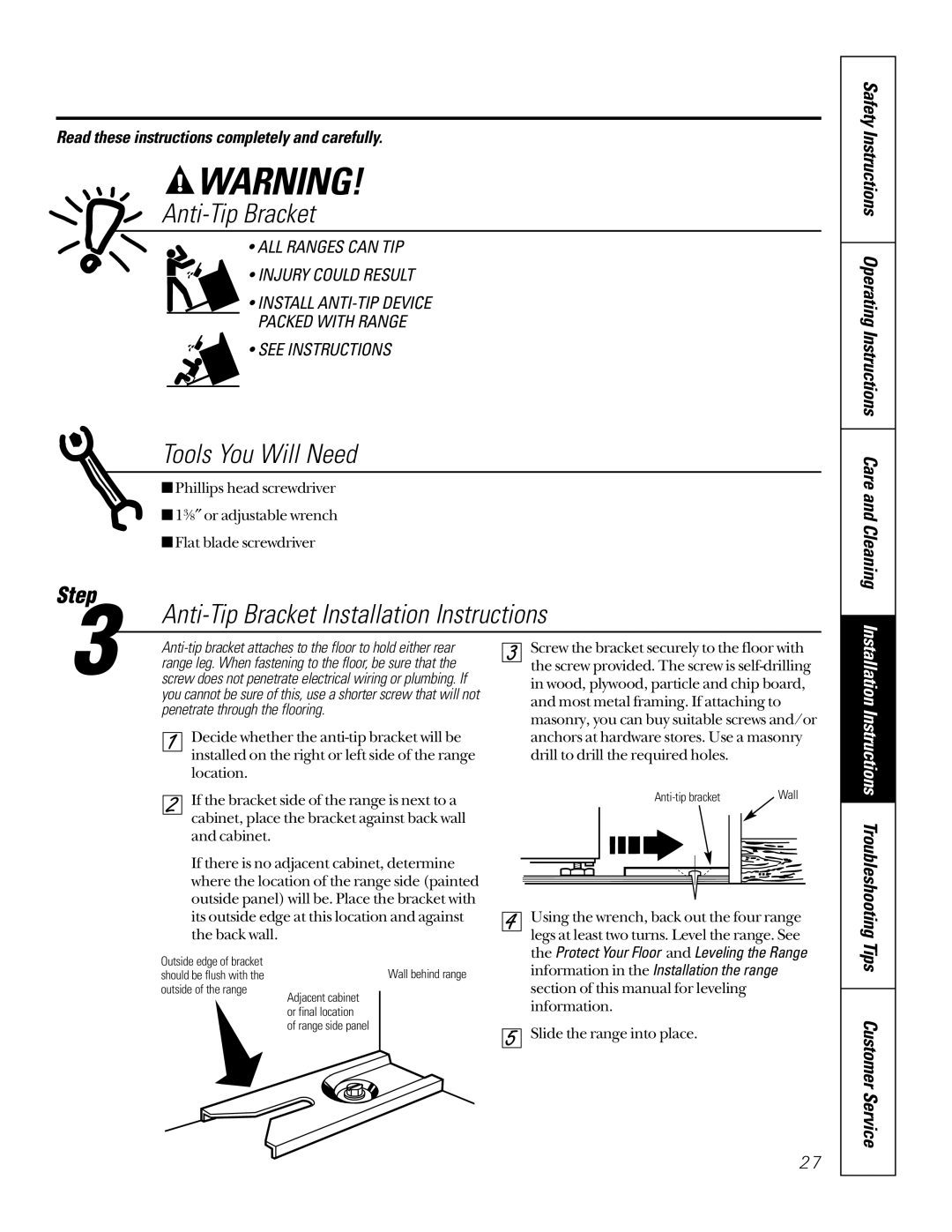 GE 164D3333P185-1 owner manual Anti-Tip Bracket Installation Instructions 