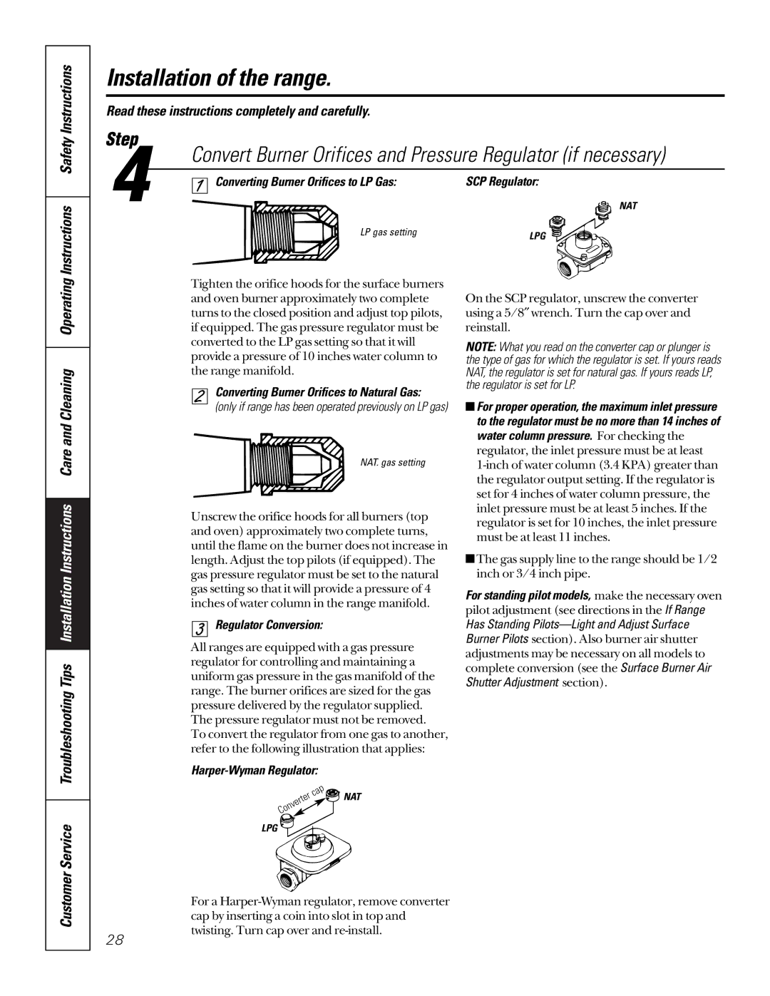 GE 164D3333P185-1 Converting Burner Orifices to LP Gas, Converting Burner Orifices to Natural Gas, Regulator Conversion 