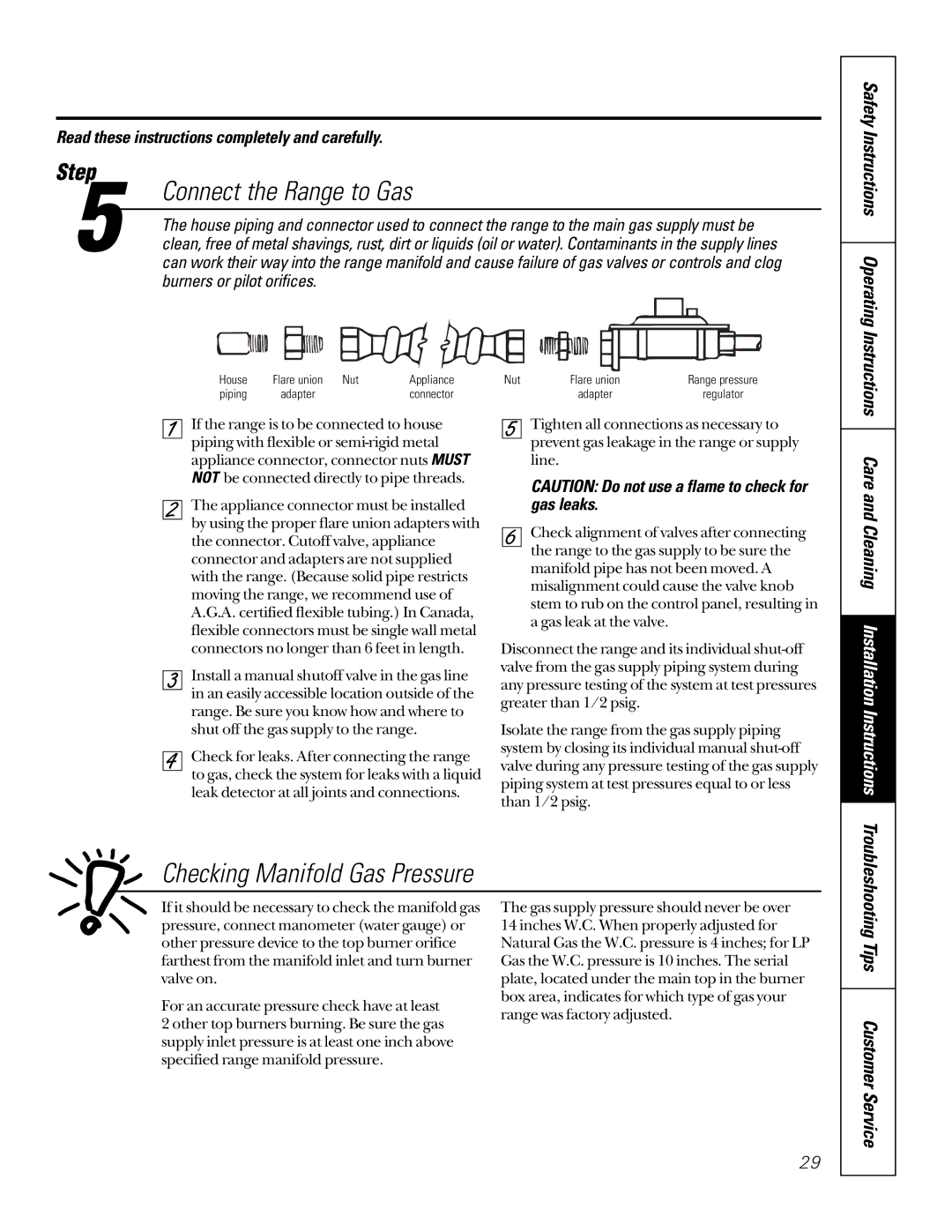 GE 164D3333P185-1 owner manual Connect the Range to Gas, Checking Manifold Gas Pressure 