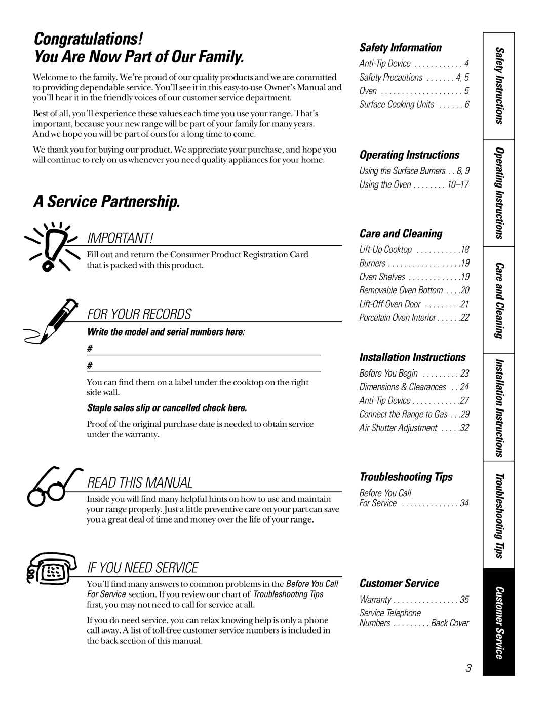 GE 164D3333P185-1 owner manual Congratulations You Are Now Part of Our Family, Service Partnership 