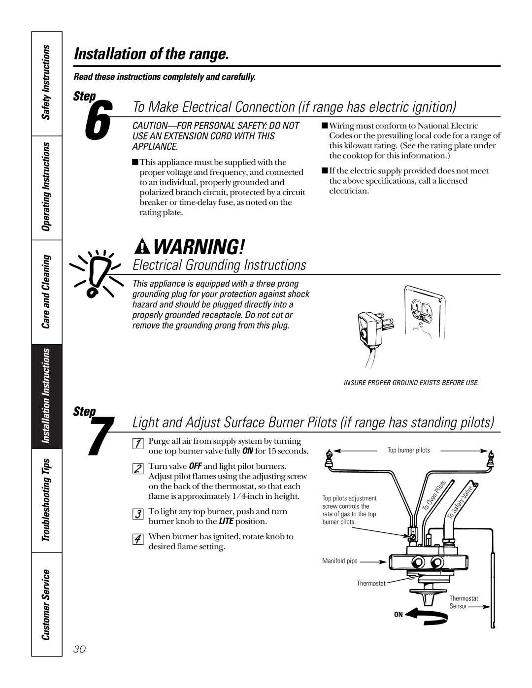 GE 164D3333P185-1 owner manual Electrical Grounding Instructions, Operating Instructions 