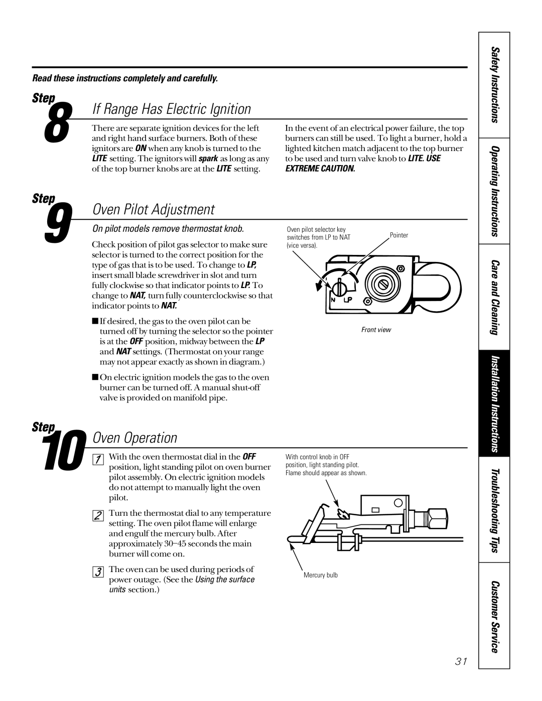 GE 164D3333P185-1 owner manual If Range Has Electric Ignition, Oven Pilot Adjustment, Oven Operation 