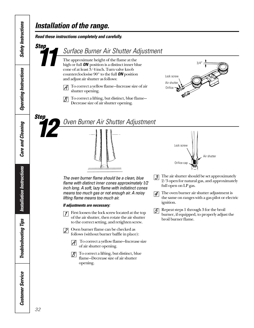 GE 164D3333P185-1 owner manual Surface Burner Air Shutter Adjustment, Oven Burner Air Shutter Adjustment, Cleaning 