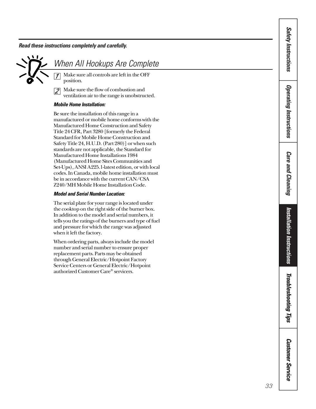 GE 164D3333P185-1 owner manual When All Hookups Are Complete, Mobile Home Installation, Model and Serial Number Location 