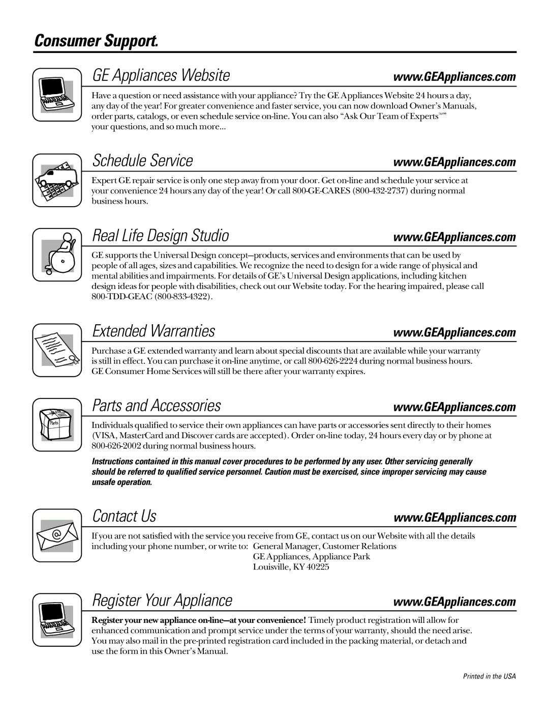 GE 164D3333P185-1 Consumer Support GE Appliances Website, Schedule Service, Real Life Design Studio, Extended Warranties 