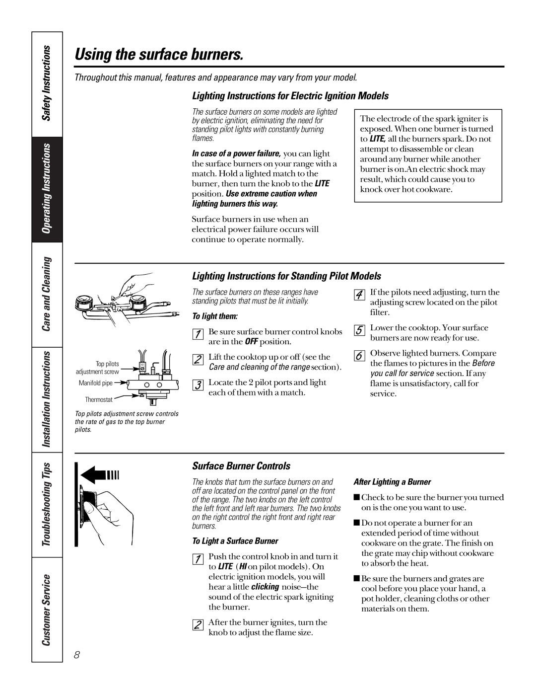 GE 164D3333P185-1 owner manual Using the surface burners, Lighting Instructions for Electric Ignition Models 