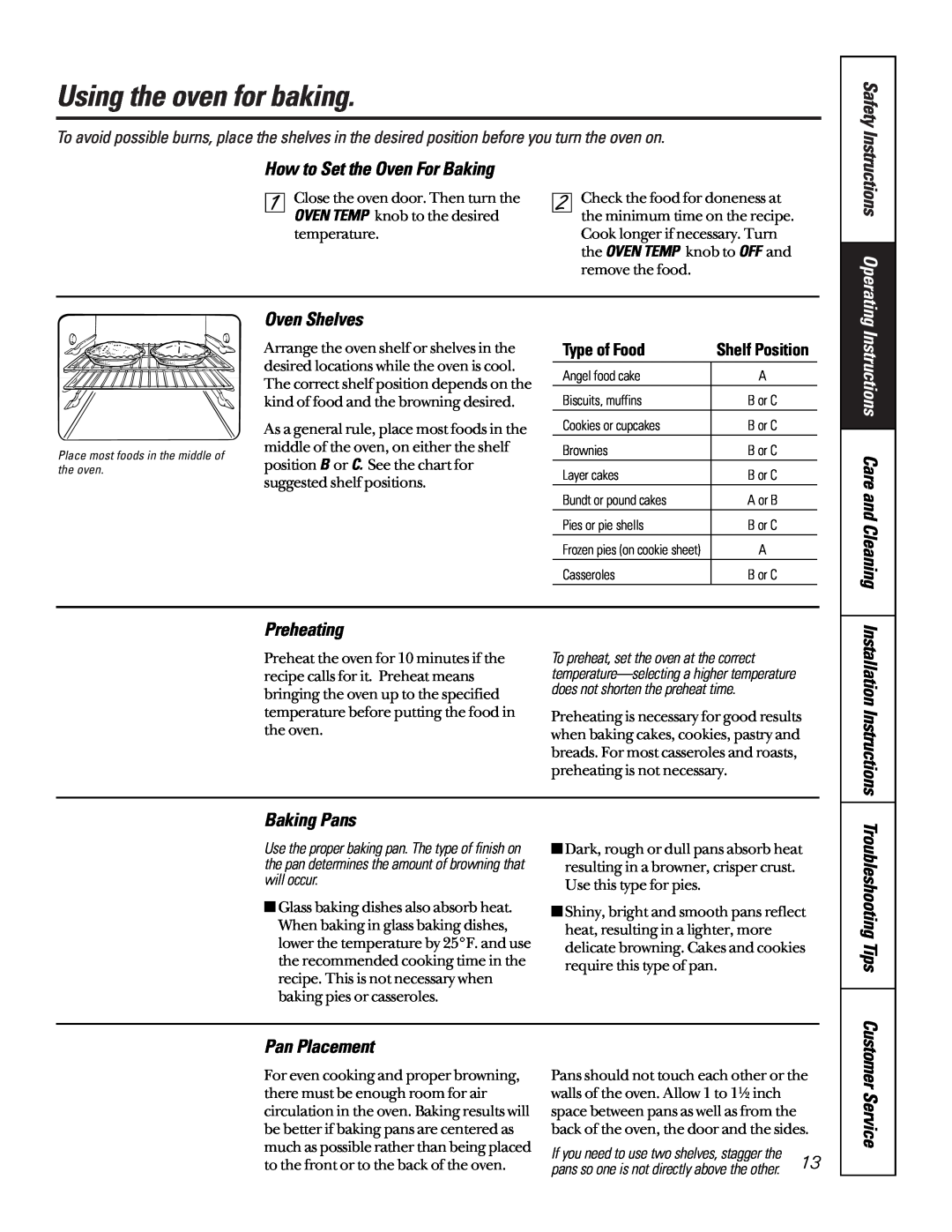 GE 164D3333P185-1 Using the oven for baking, How to Set the Oven For Baking, Instructions Care and Cleaning, Preheating 