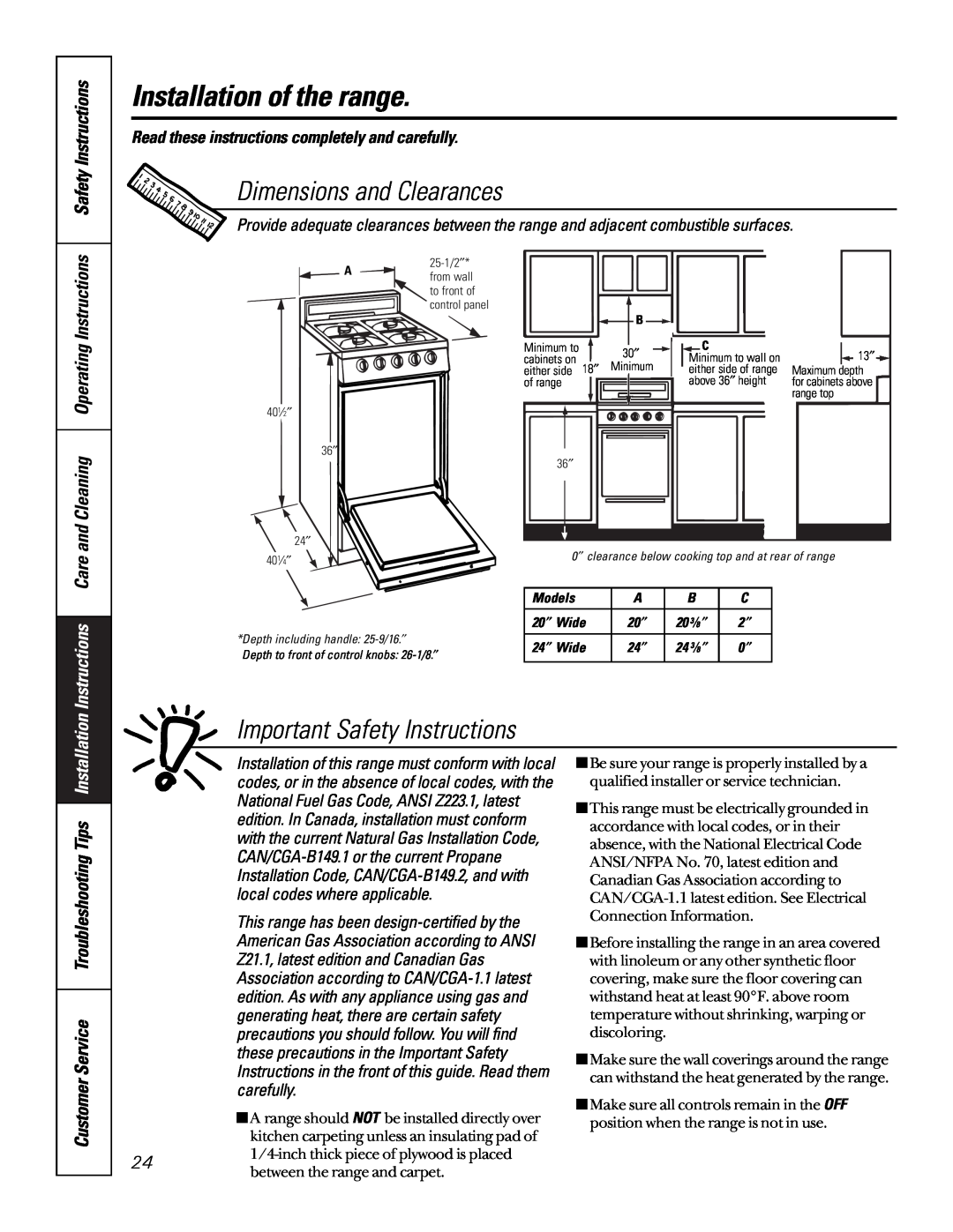 GE 164D3333P185-1 Dimensions and Clearances, Important Safety Instructions, Instructions Care, Installation of the range 