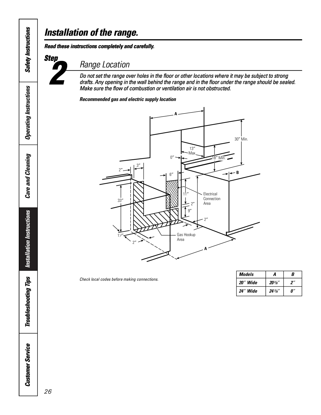 GE 164D3333P185-1 owner manual Range Location, Installation Instructions Care and Cleaning, Installation of the range 
