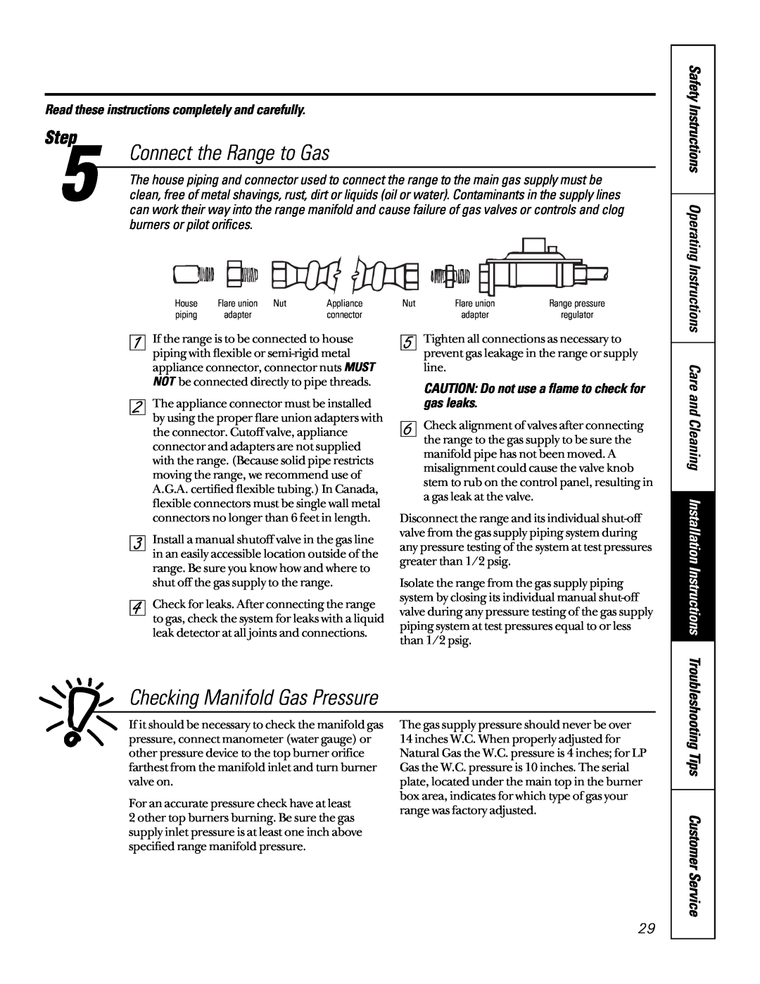 GE 164D3333P185-1 Connect the Range to Gas, Checking Manifold Gas Pressure, Care and Cleaning Installation Instructions 