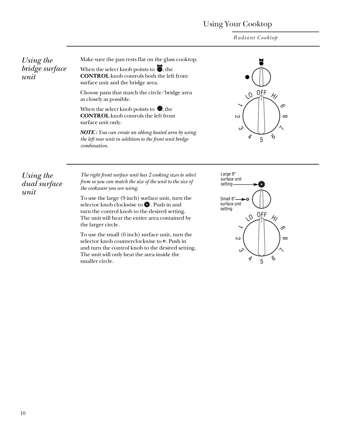 GE 164D3333P235 owner manual Using the bridge surface unit Using the dual surface unit, Selector knob clockwise to . Push 