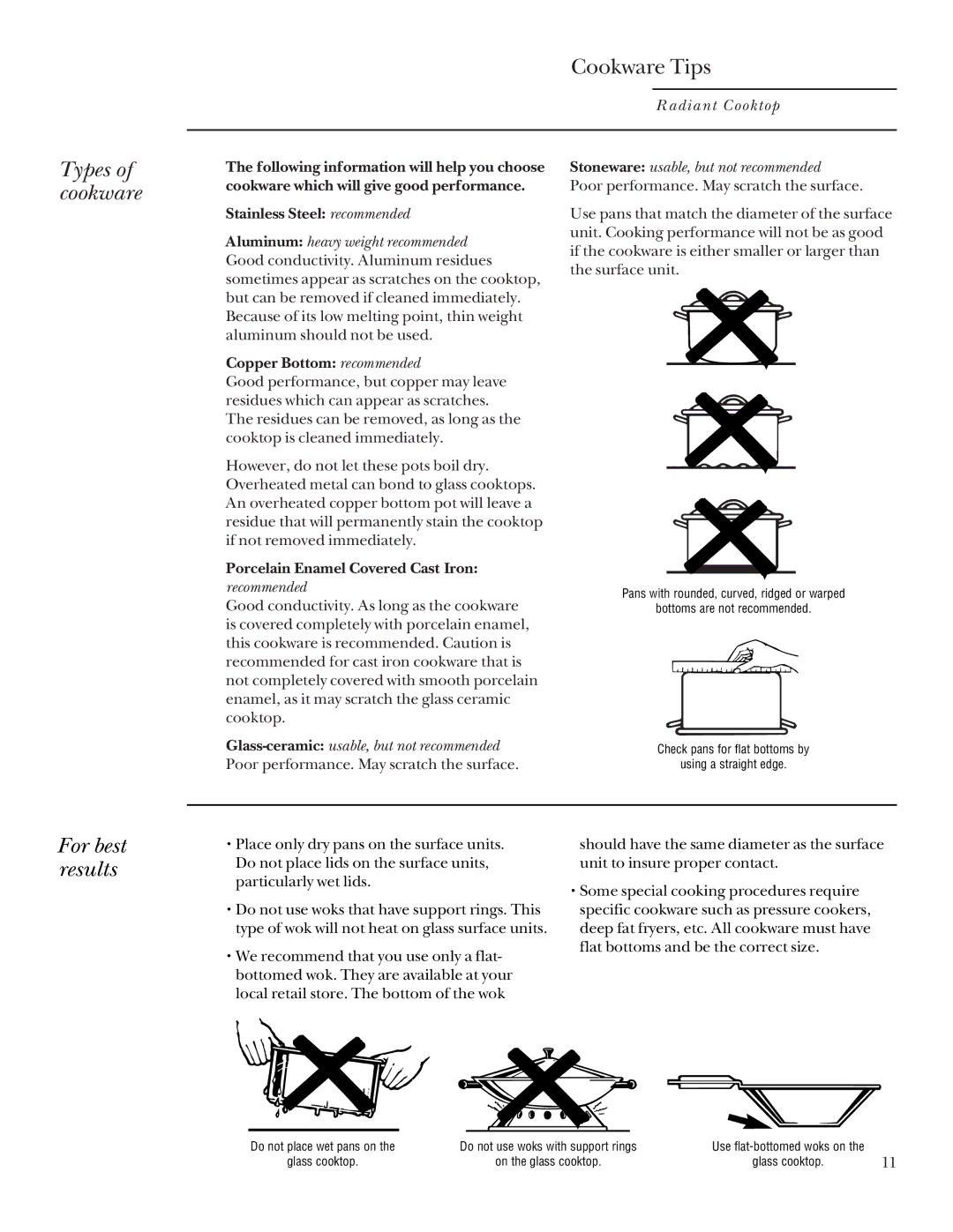 GE 164D3333P235 owner manual Types of cookware, Recommended, Stoneware usable, but not recommended 