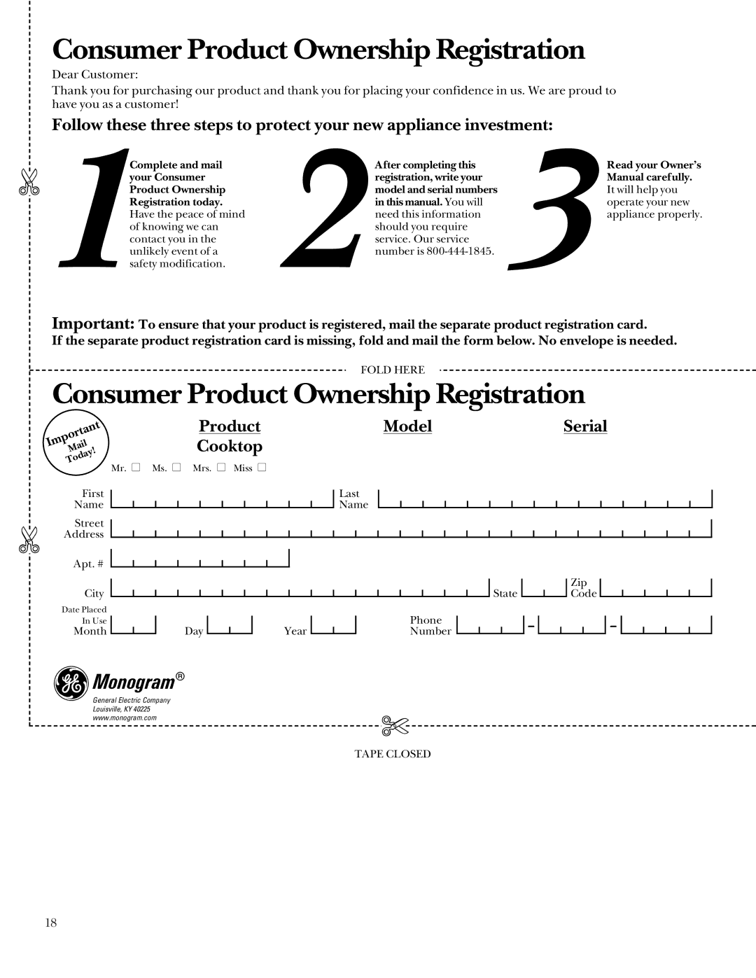 GE 164D3333P235 owner manual Consumer Product Ownership Registration 