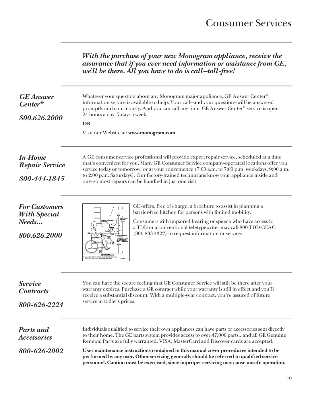 GE 164D3333P235 GE Answer Center 800.626.2000, In-Home Repair Service, For Customers With Special Needs… 800.626.2000 