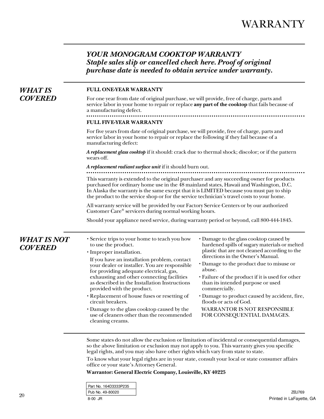 GE 164D3333P235 owner manual Warranty, Replacement radiant surface unit if it should burn out 