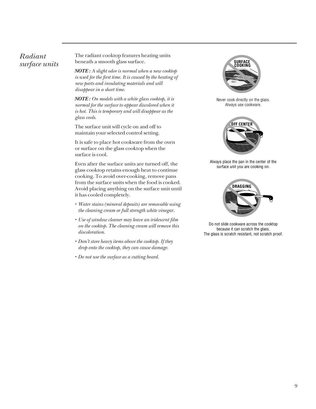 GE 164D3333P235 owner manual Radiant surface units, Do not use the surface as a cutting board 