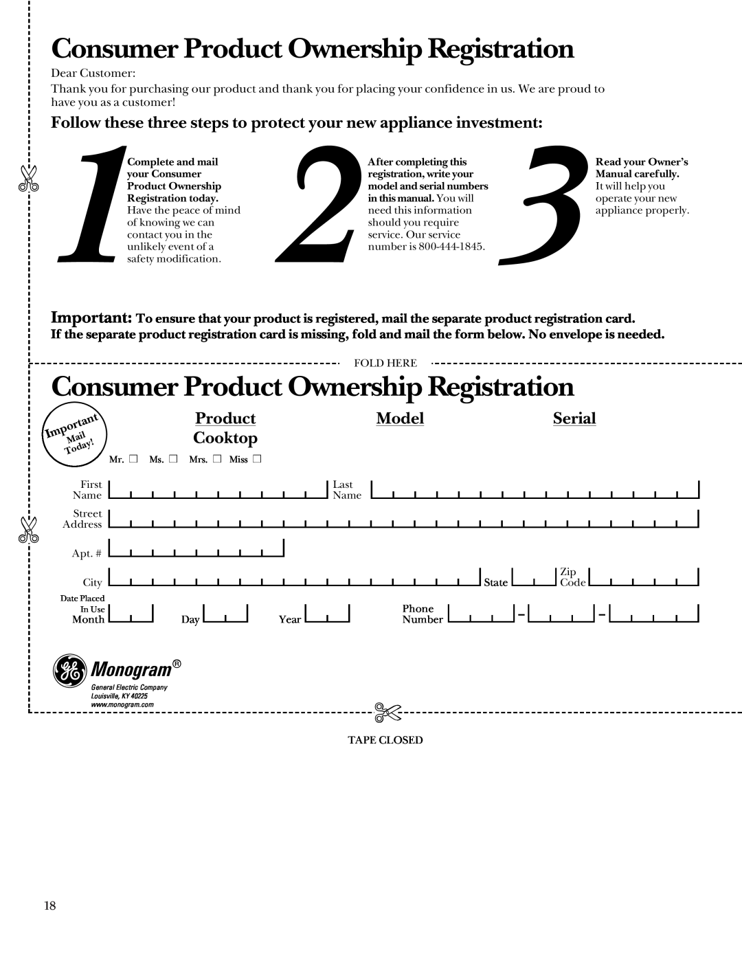 GE 164D3333P235 Consumer Product Ownership Registration, Follow these three steps to protect your new appliance investment 