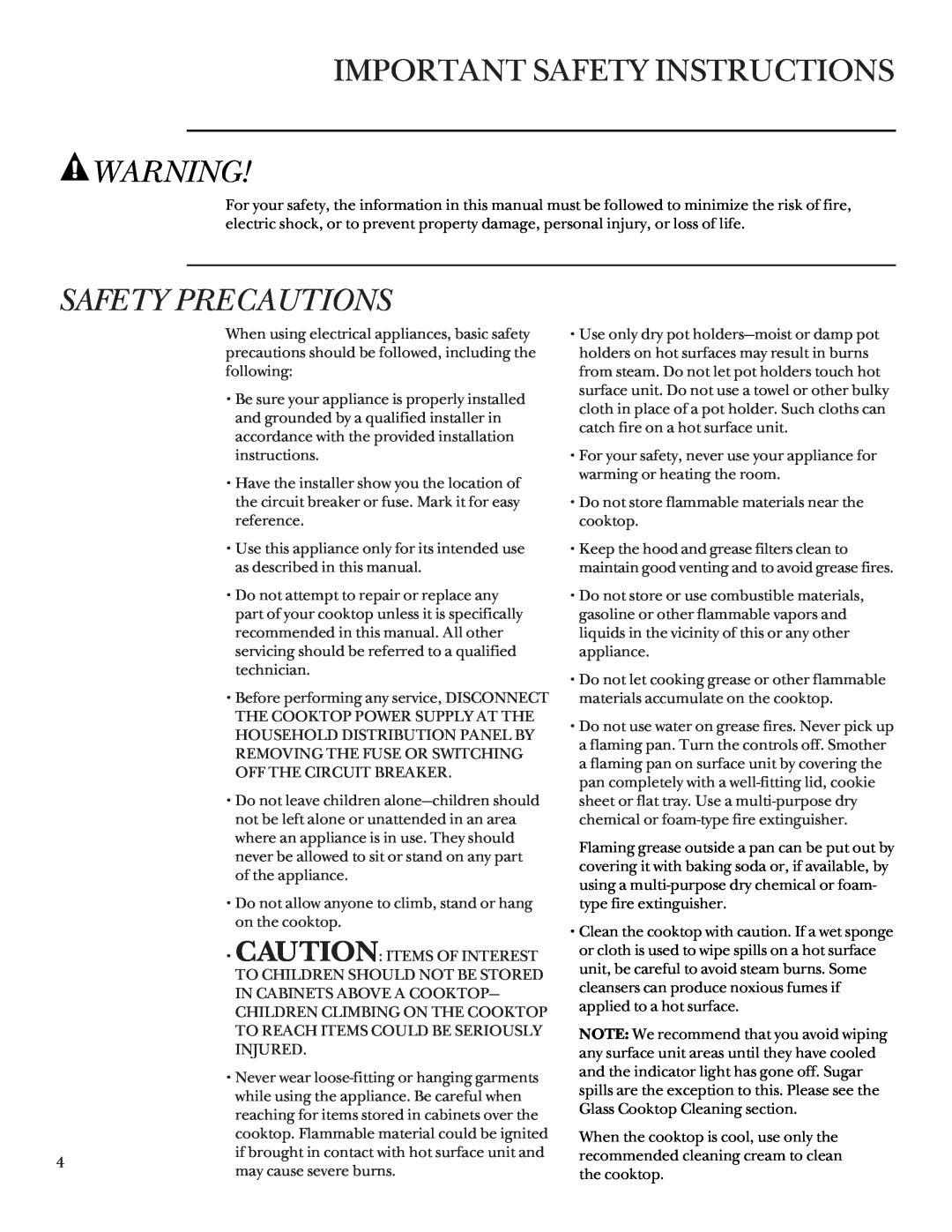 GE 164D3333P235 owner manual Important Safety Instructions, Safety Precautions 
