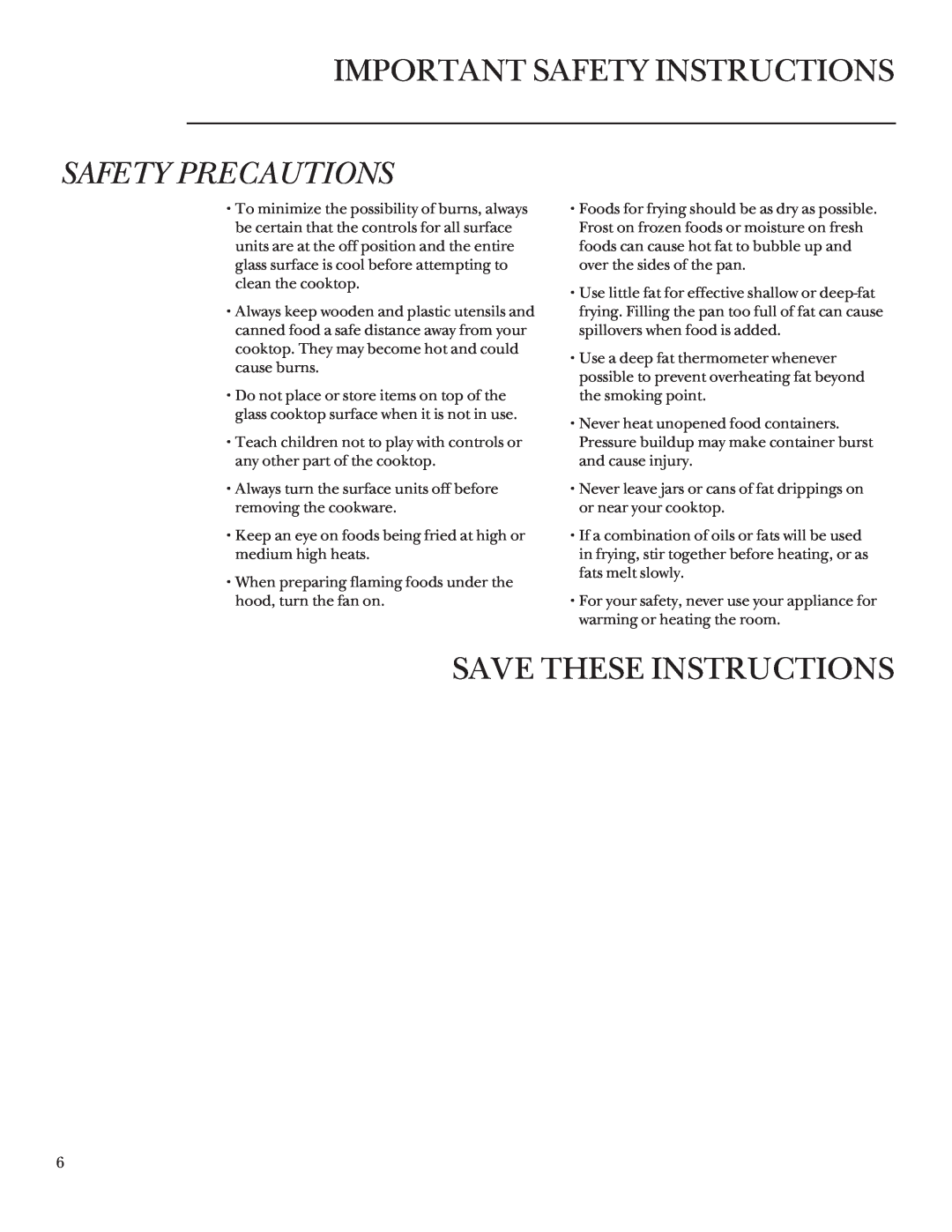 GE 164D3333P235 owner manual Save These Instructions, Important Safety Instructions, Safety Precautions 