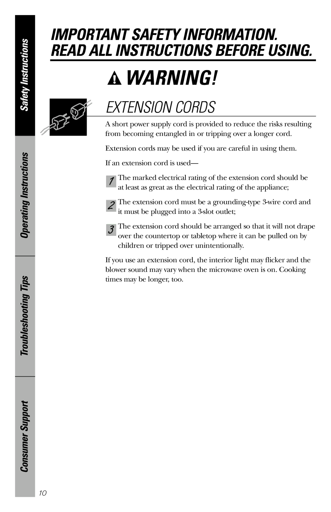 GE 164D3370P211 owner manual Extension Cords 