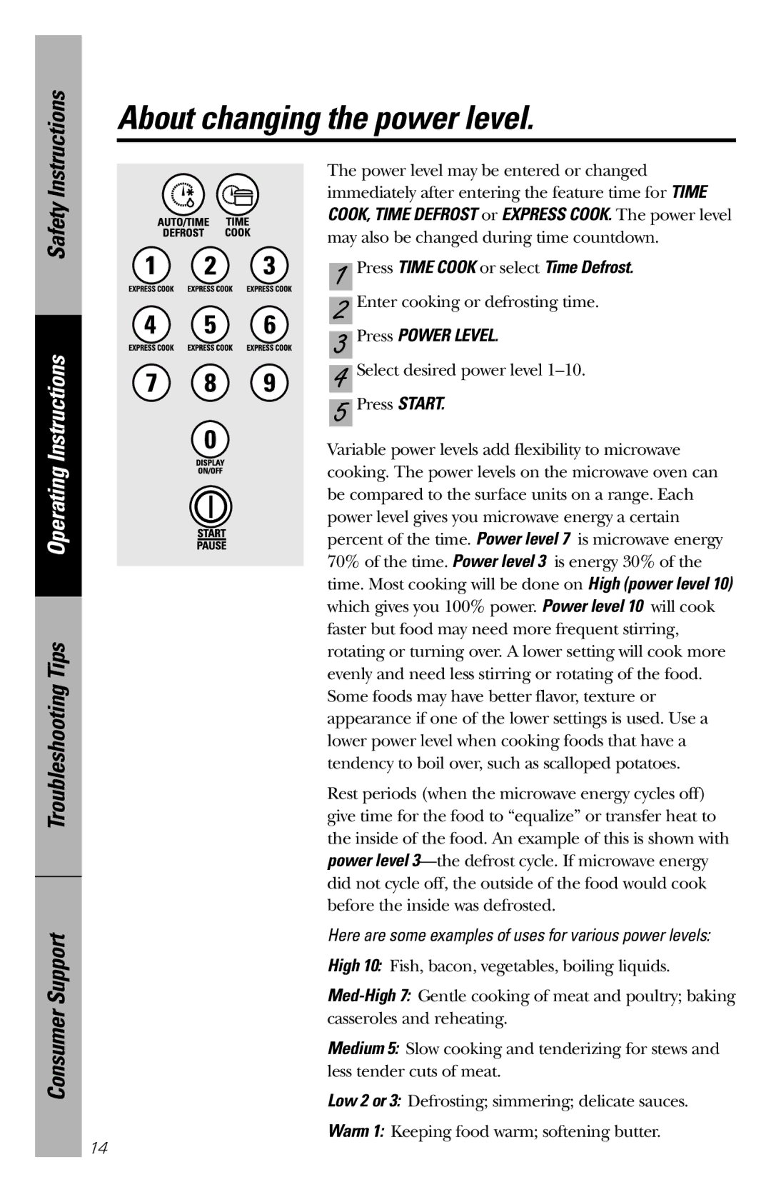 GE 164D3370P211 owner manual About changing the power level, Press Power Level 