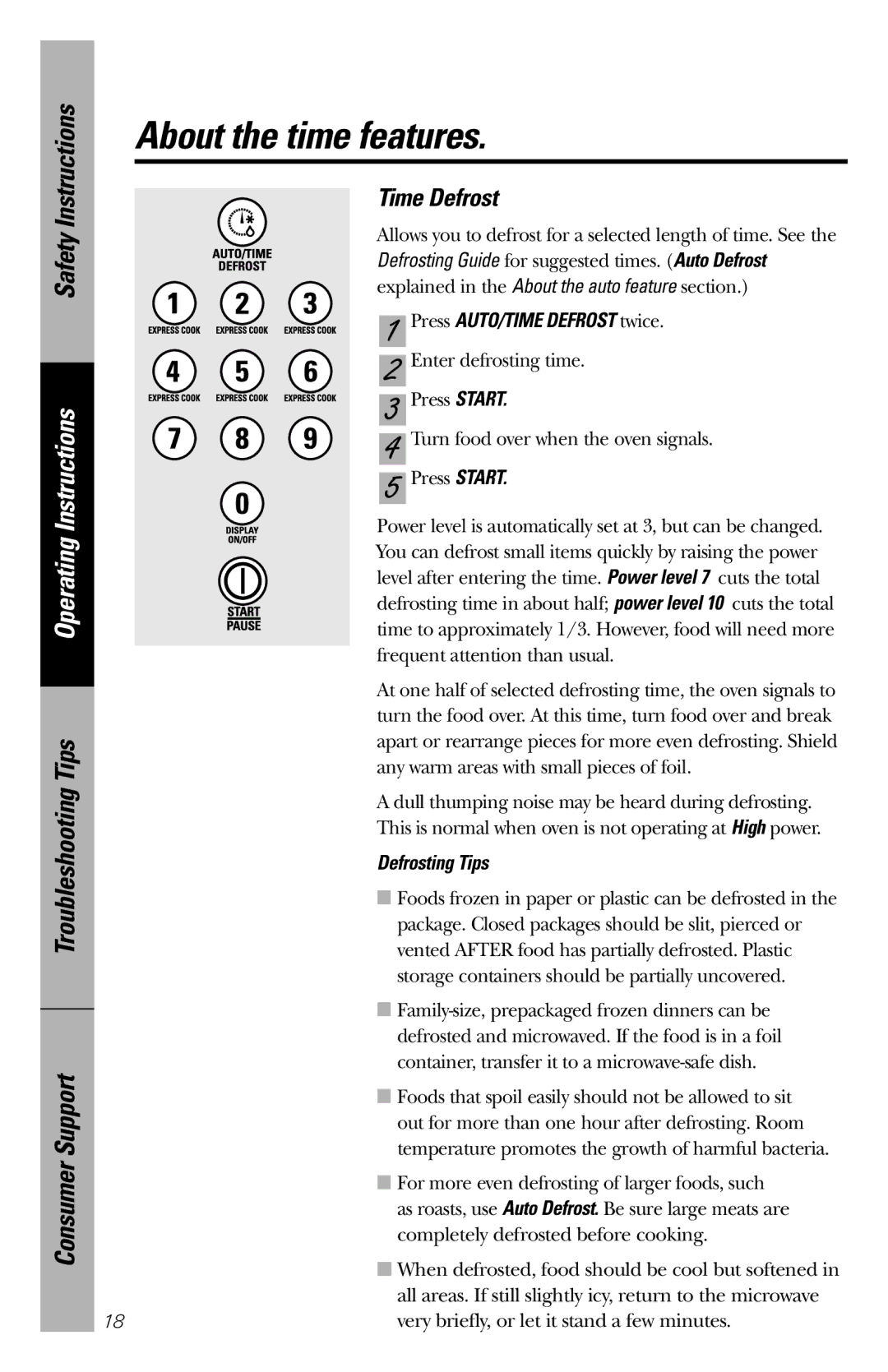 GE 164D3370P211 owner manual Time Defrost, Press AUTO/TIME Defrost twice, Defrosting Tips 