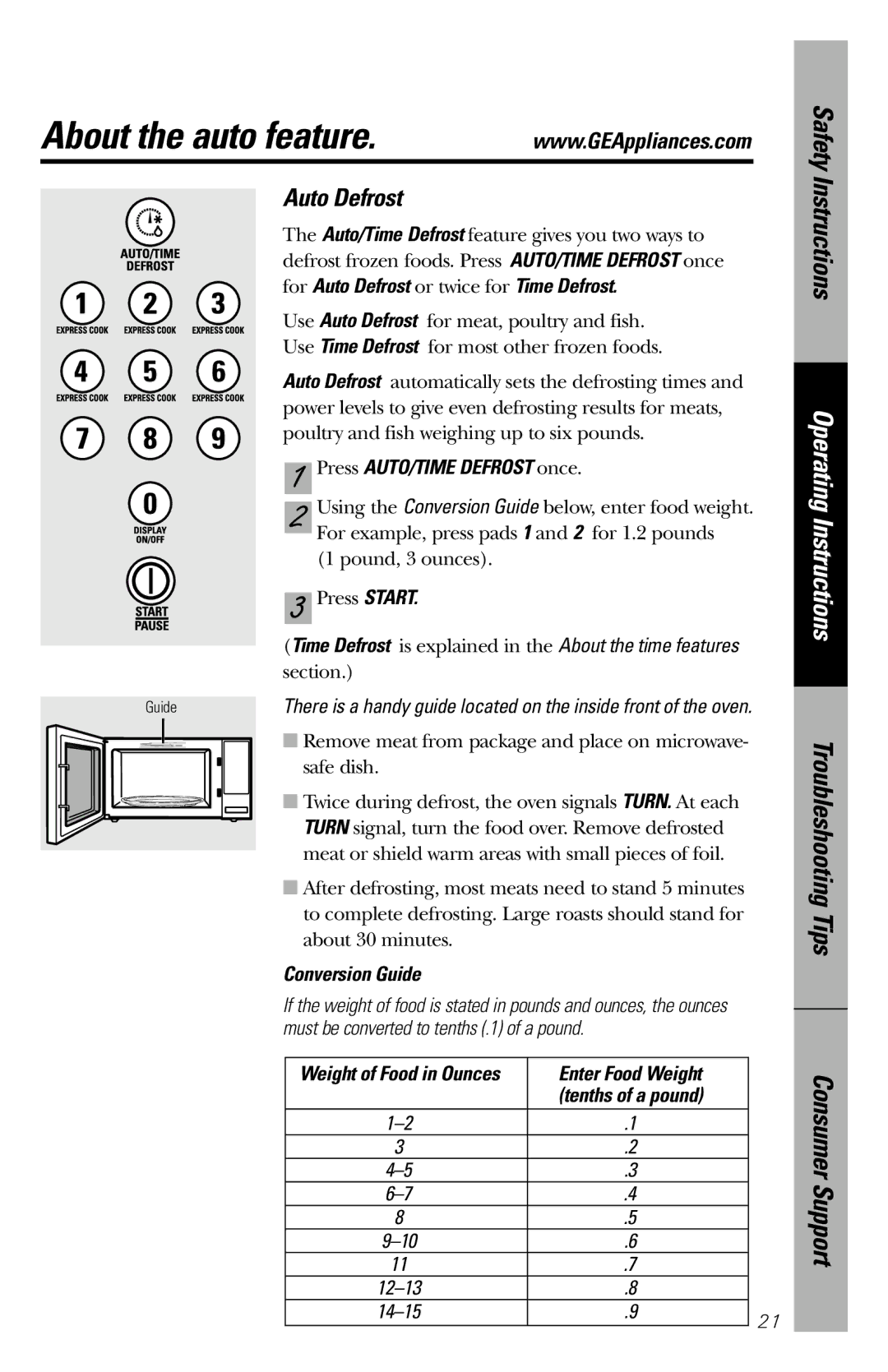 GE 164D3370P211 owner manual For Auto Defrost or twice for Time Defrost, Press AUTO/TIME Defrost once, Conversion Guide 