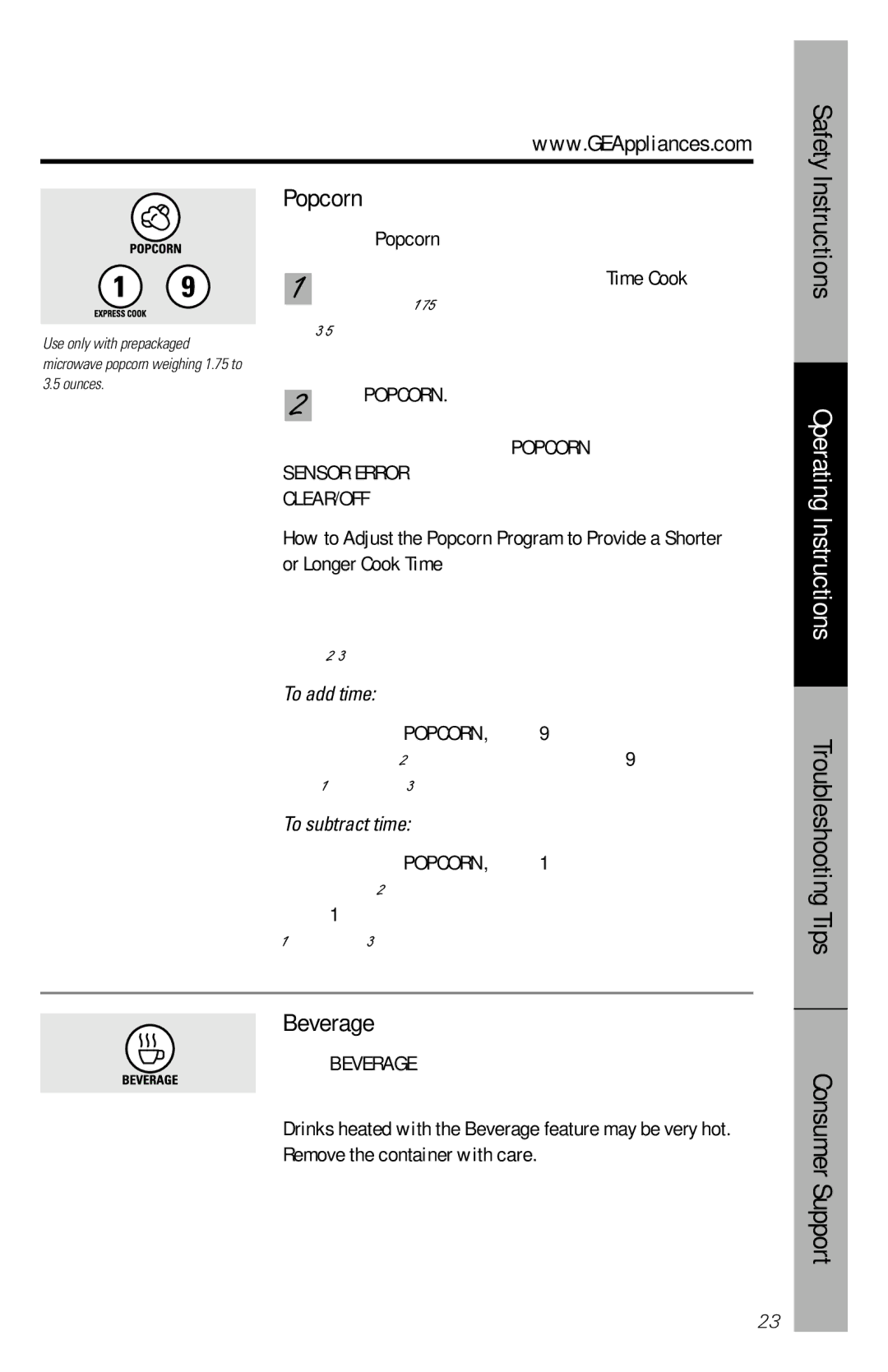 GE 164D3370P211 owner manual Popcorn, Beverage, To add time, To subtract time 