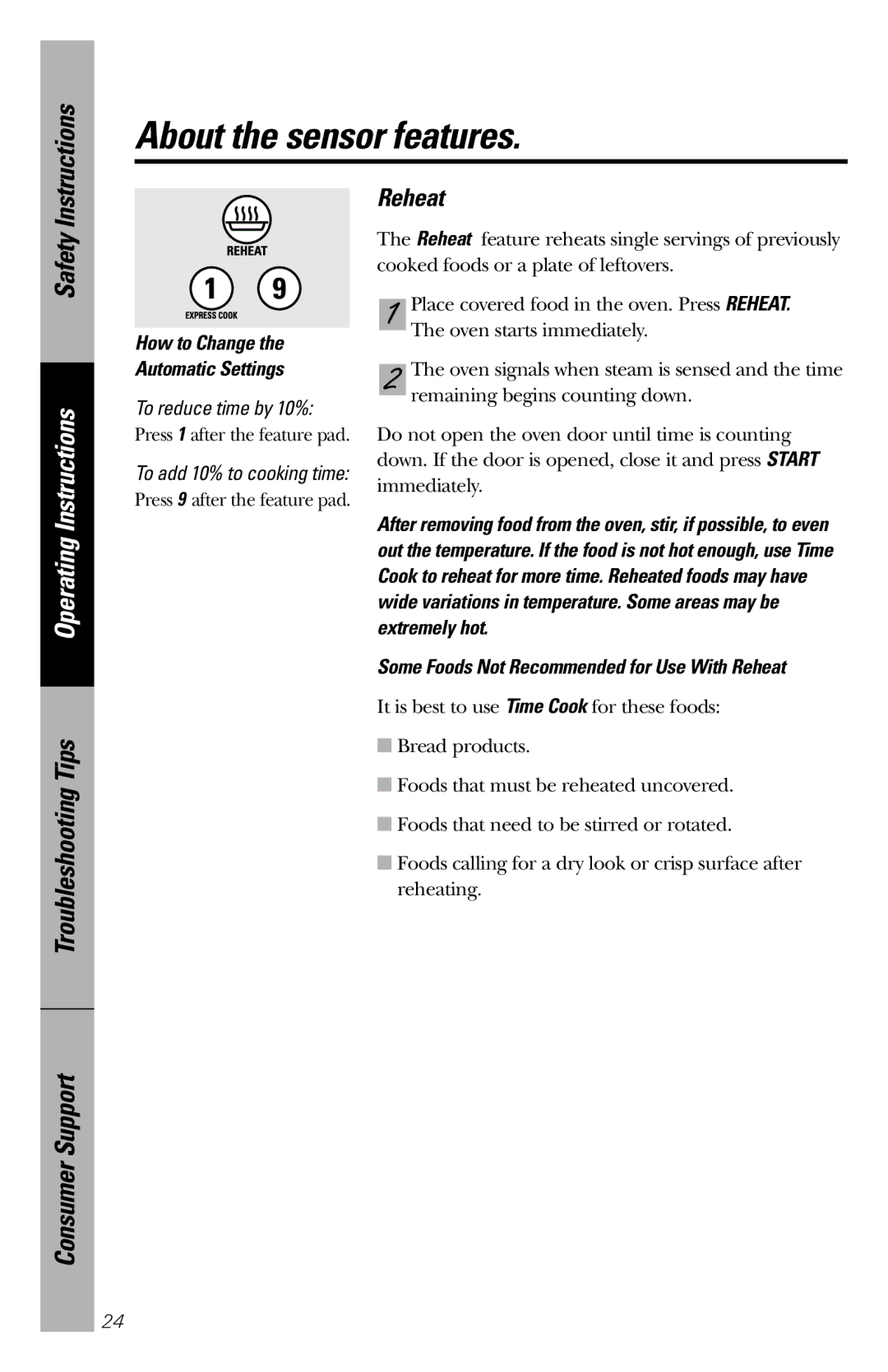 GE 164D3370P211 owner manual Reheat, How to Change Automatic Settings, To reduce time by 10%, Extremely hot 