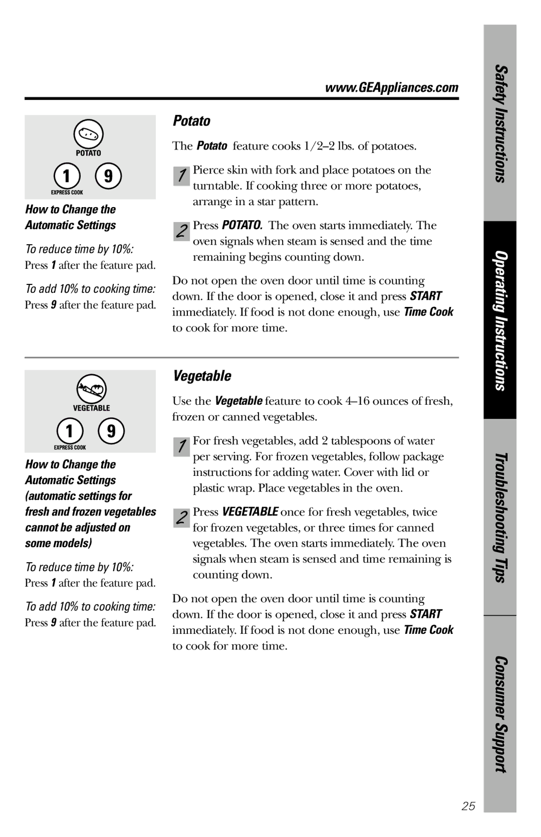 GE 164D3370P211 owner manual Potato, Vegetable 