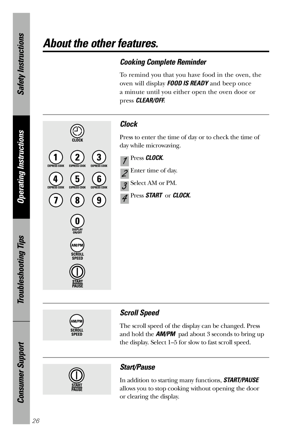 GE 164D3370P211 owner manual About the other features, Cooking Complete Reminder, Clock, Scroll Speed, Start/Pause 