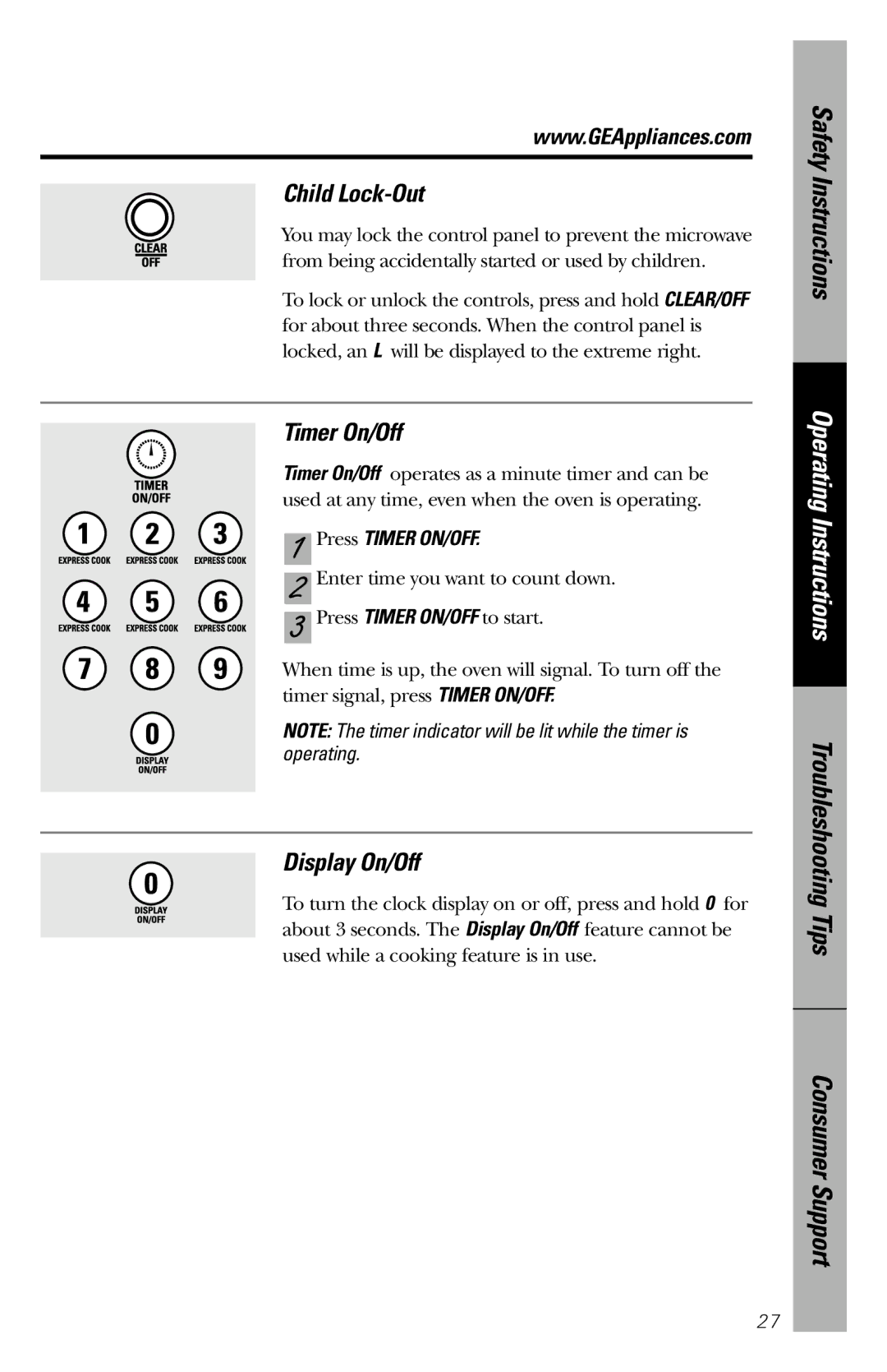 GE 164D3370P211 owner manual Child Lock-Out, Timer On/Off, Display On/Off, Press Timer ON/OFF 