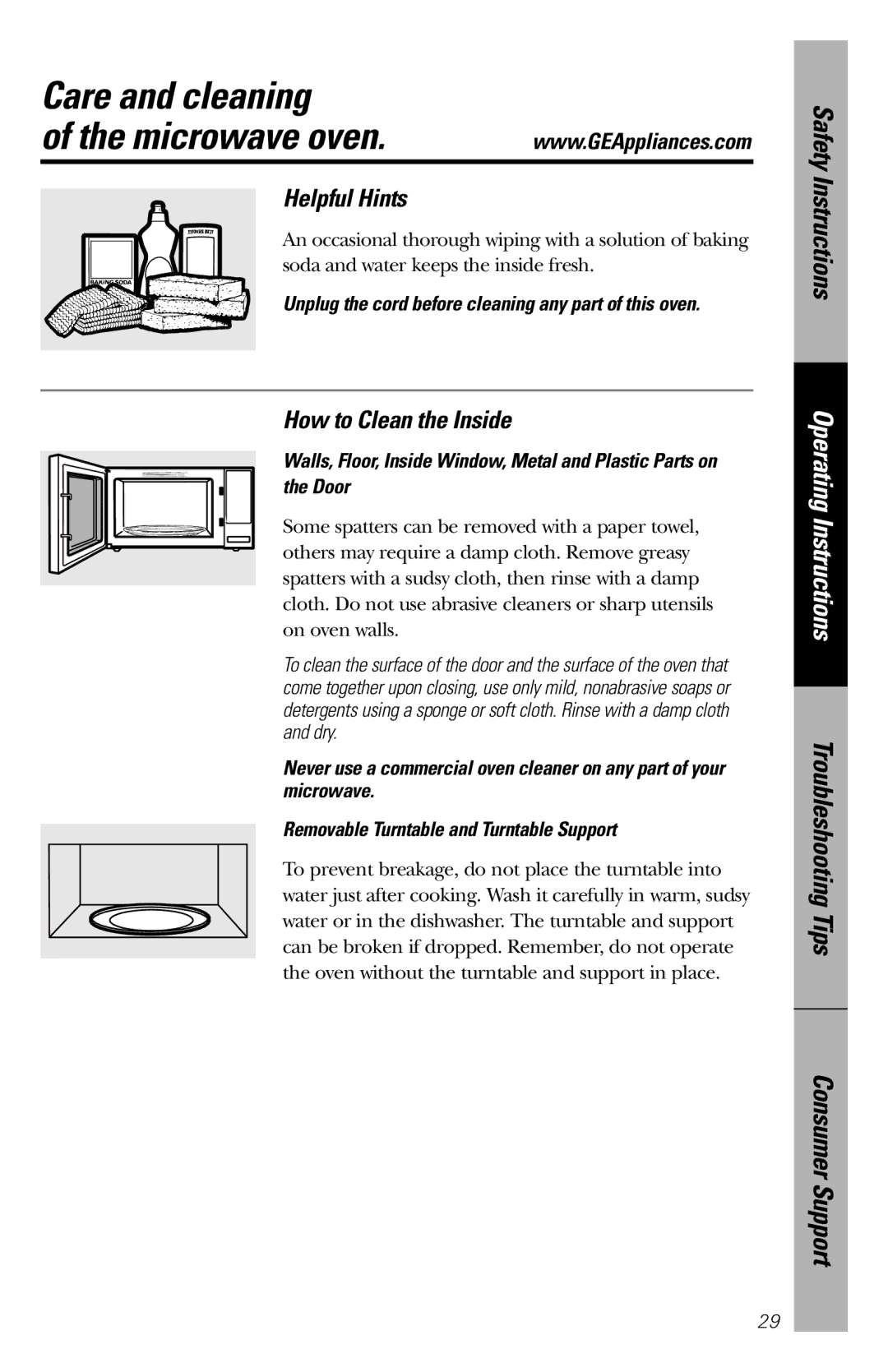 GE 164D3370P211 owner manual Care and cleaning, Helpful Hints, How to Clean the Inside 