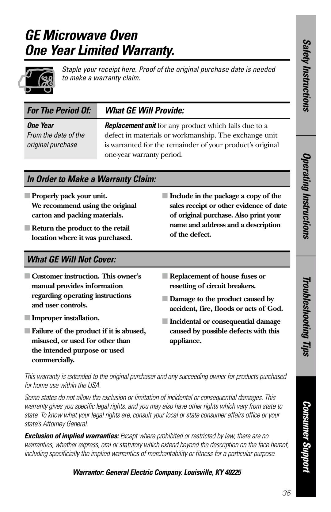 GE 164D3370P211 GE Microwave Oven One Year Limited Warranty, What GE Will Provide, Order to Make a Warranty Claim 