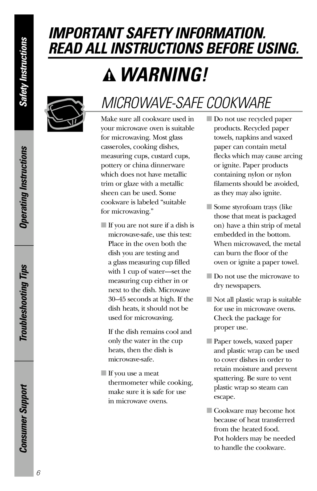 GE 164D3370P211 owner manual MICROWAVE-SAFE Cookware 