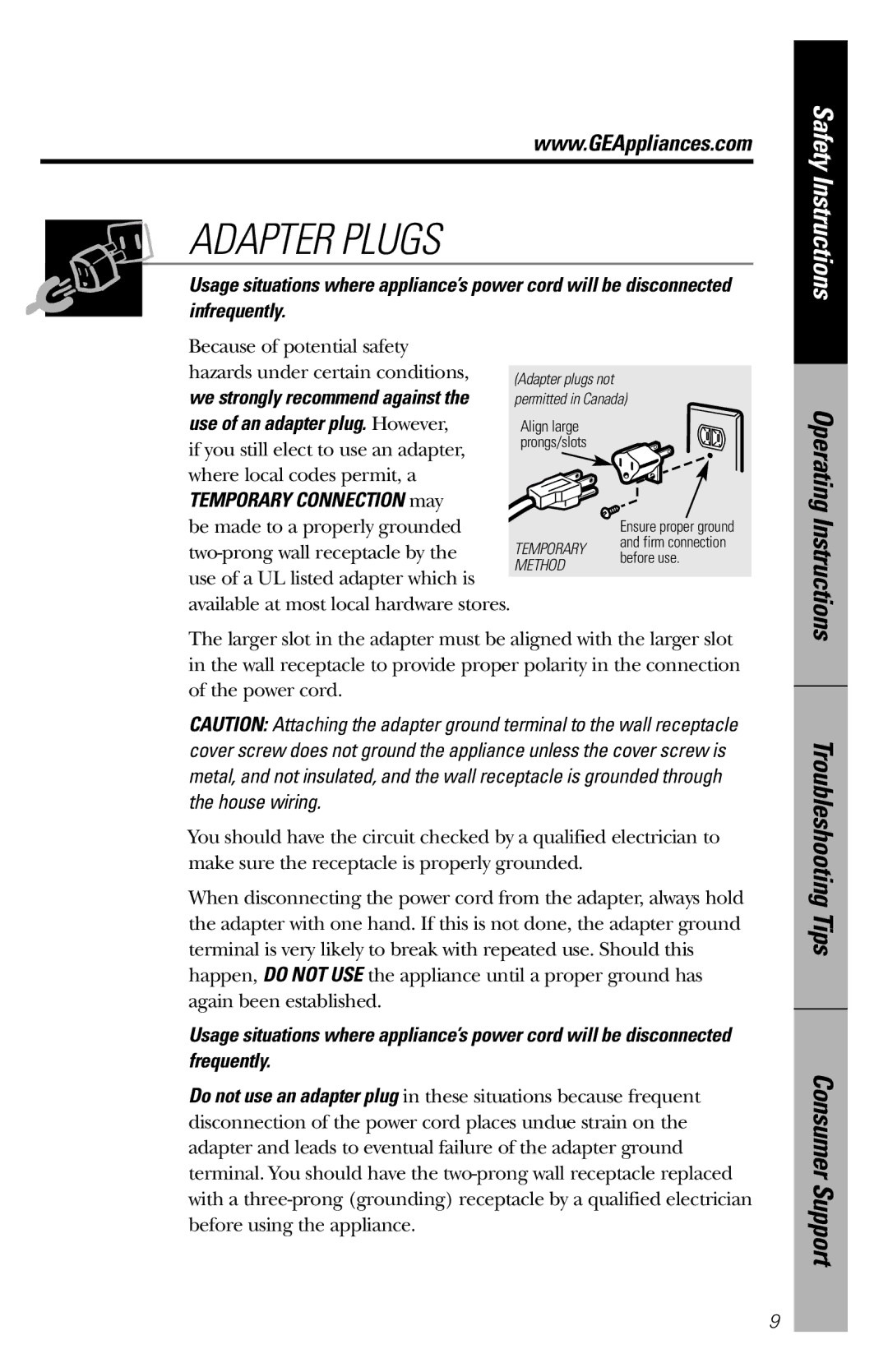 GE 164D3370P211 owner manual Adapter Plugs, Operating Instructions 